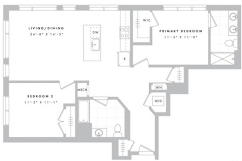 Floor plan for 2 beds, 2 baths, 1089 sqft